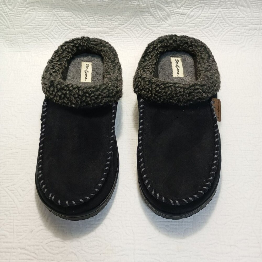 Mens Dearfoams Black Moccasin Slippers Sherpa Lining Size L (11-12) Wide Width